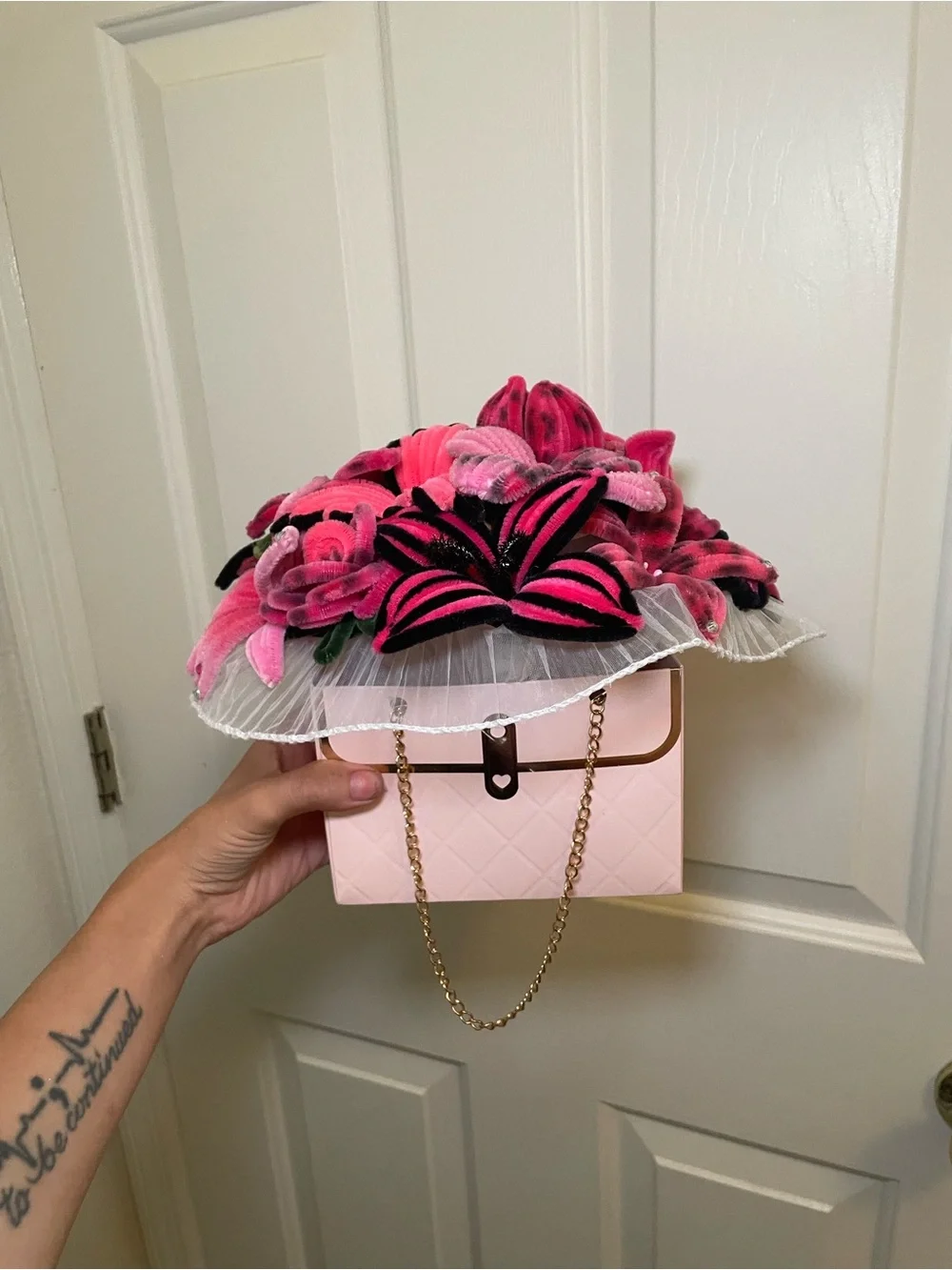 Pink and black cheetah print pipe cleaner flower bouquet, one dozen